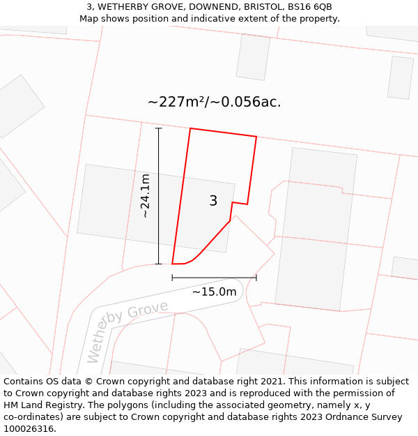 3, WETHERBY GROVE, DOWNEND, BRISTOL, BS16 6QB: Plot and title map