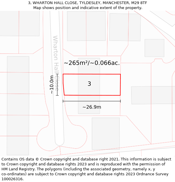 3, WHARTON HALL CLOSE, TYLDESLEY, MANCHESTER, M29 8TF: Plot and title map