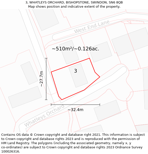 3, WHATLEYS ORCHARD, BISHOPSTONE, SWINDON, SN6 8QB: Plot and title map