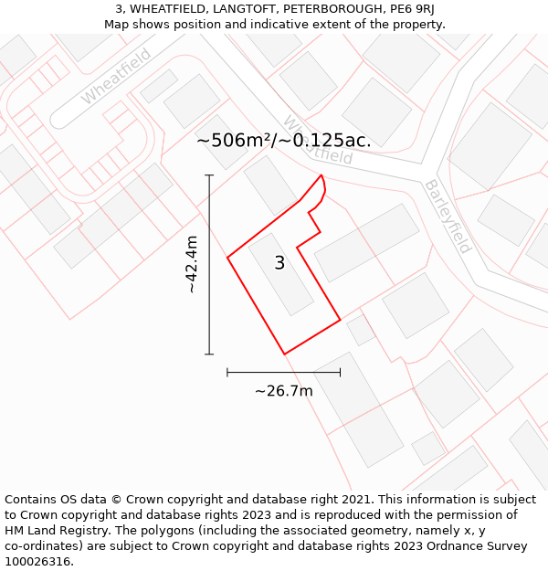 3, WHEATFIELD, LANGTOFT, PETERBOROUGH, PE6 9RJ: Plot and title map