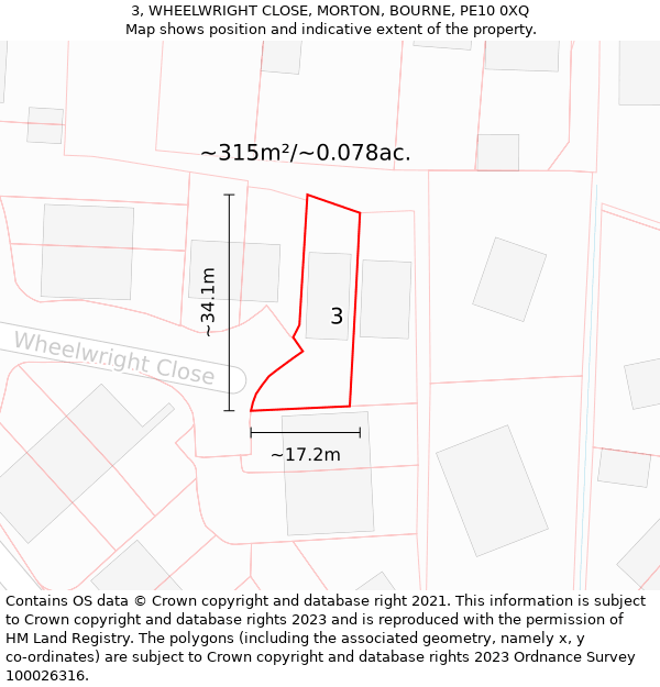 3, WHEELWRIGHT CLOSE, MORTON, BOURNE, PE10 0XQ: Plot and title map