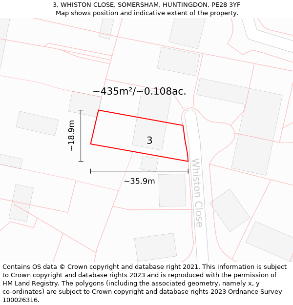 3, WHISTON CLOSE, SOMERSHAM, HUNTINGDON, PE28 3YF: Plot and title map