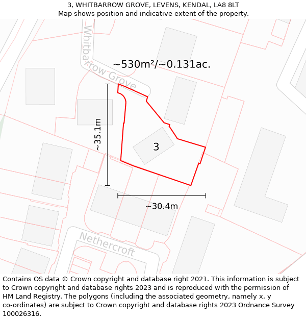 3, WHITBARROW GROVE, LEVENS, KENDAL, LA8 8LT: Plot and title map