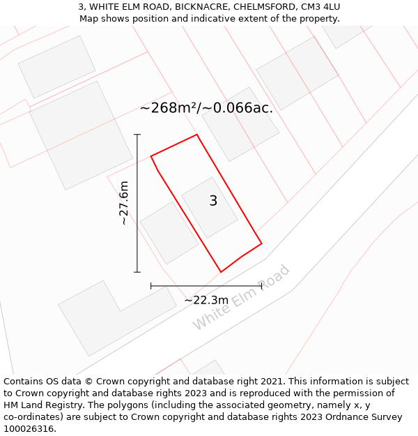 3, WHITE ELM ROAD, BICKNACRE, CHELMSFORD, CM3 4LU: Plot and title map