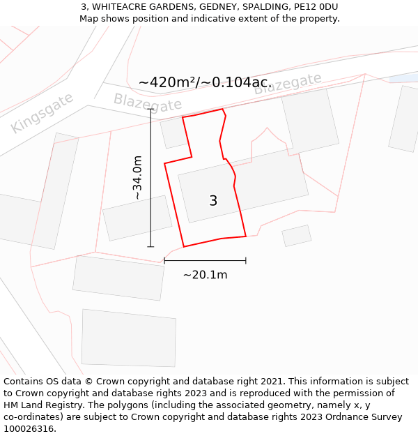 3, WHITEACRE GARDENS, GEDNEY, SPALDING, PE12 0DU: Plot and title map