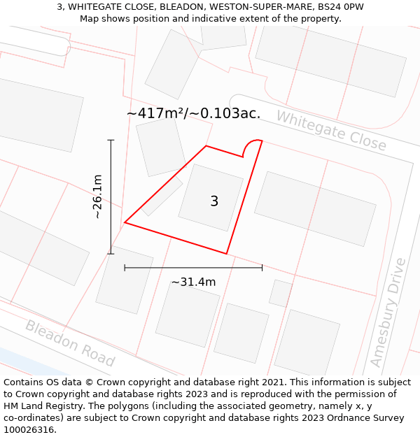 3, WHITEGATE CLOSE, BLEADON, WESTON-SUPER-MARE, BS24 0PW: Plot and title map