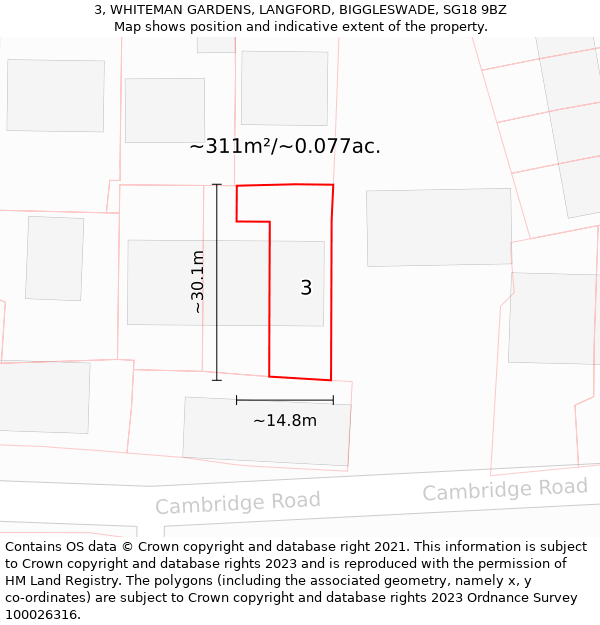 3, WHITEMAN GARDENS, LANGFORD, BIGGLESWADE, SG18 9BZ: Plot and title map