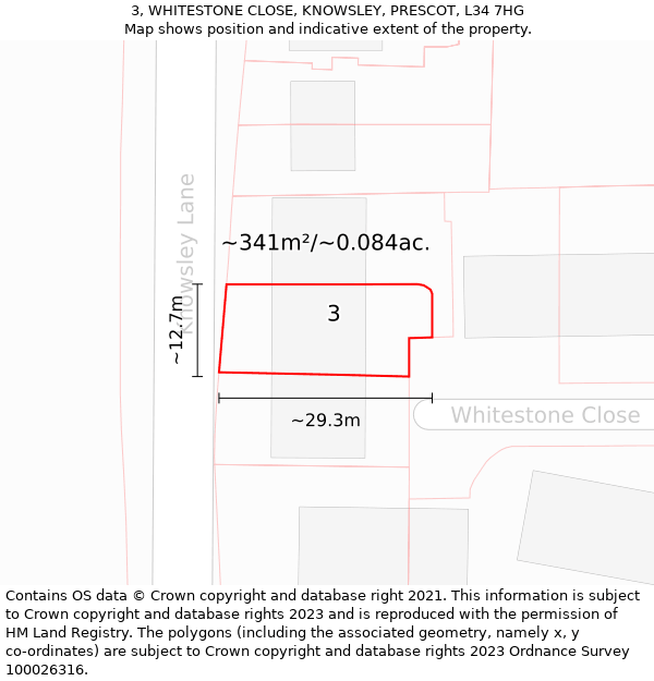 3, WHITESTONE CLOSE, KNOWSLEY, PRESCOT, L34 7HG: Plot and title map