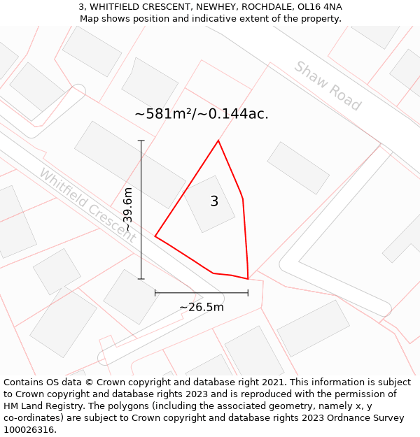 3, WHITFIELD CRESCENT, NEWHEY, ROCHDALE, OL16 4NA: Plot and title map