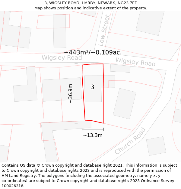 3, WIGSLEY ROAD, HARBY, NEWARK, NG23 7EF: Plot and title map