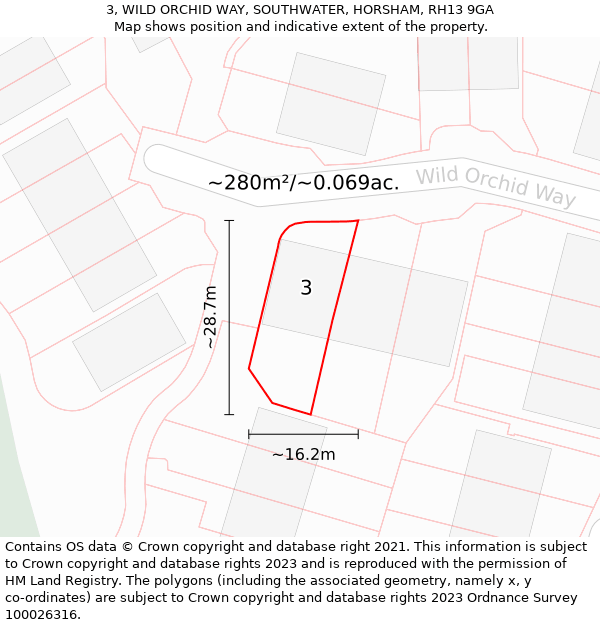 3, WILD ORCHID WAY, SOUTHWATER, HORSHAM, RH13 9GA: Plot and title map