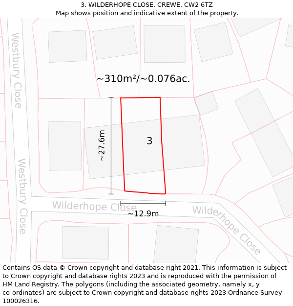 3, WILDERHOPE CLOSE, CREWE, CW2 6TZ: Plot and title map