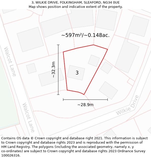 3, WILKIE DRIVE, FOLKINGHAM, SLEAFORD, NG34 0UE: Plot and title map