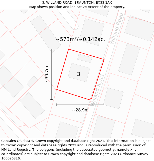 3, WILLAND ROAD, BRAUNTON, EX33 1AX: Plot and title map