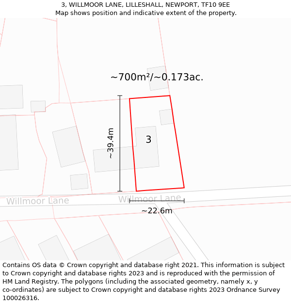 3, WILLMOOR LANE, LILLESHALL, NEWPORT, TF10 9EE: Plot and title map