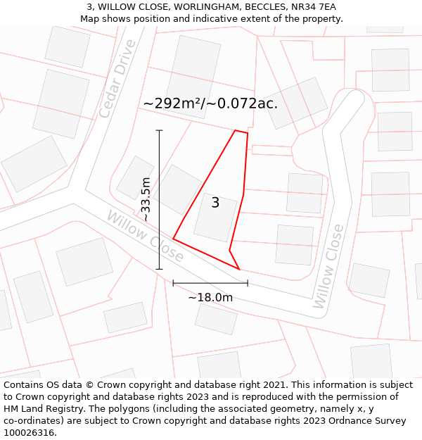 3, WILLOW CLOSE, WORLINGHAM, BECCLES, NR34 7EA: Plot and title map