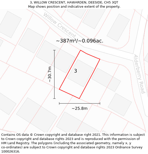 3, WILLOW CRESCENT, HAWARDEN, DEESIDE, CH5 3QT: Plot and title map