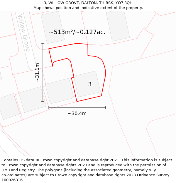 3, WILLOW GROVE, DALTON, THIRSK, YO7 3QH: Plot and title map