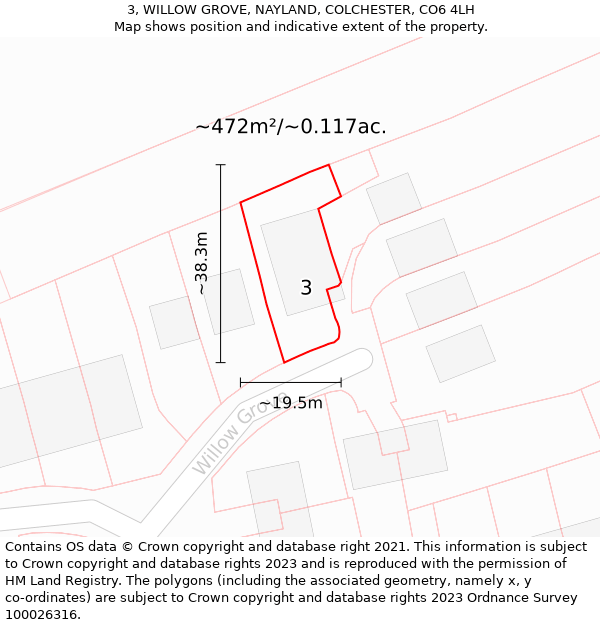 3, WILLOW GROVE, NAYLAND, COLCHESTER, CO6 4LH: Plot and title map