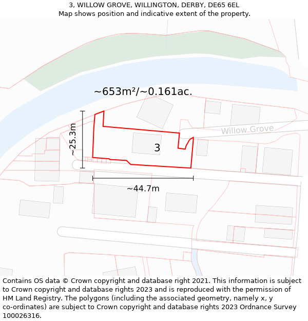 3, WILLOW GROVE, WILLINGTON, DERBY, DE65 6EL: Plot and title map