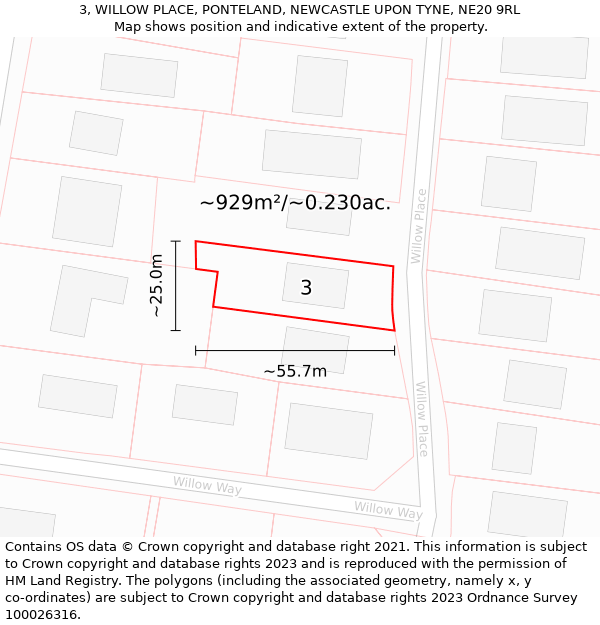 3, WILLOW PLACE, PONTELAND, NEWCASTLE UPON TYNE, NE20 9RL: Plot and title map