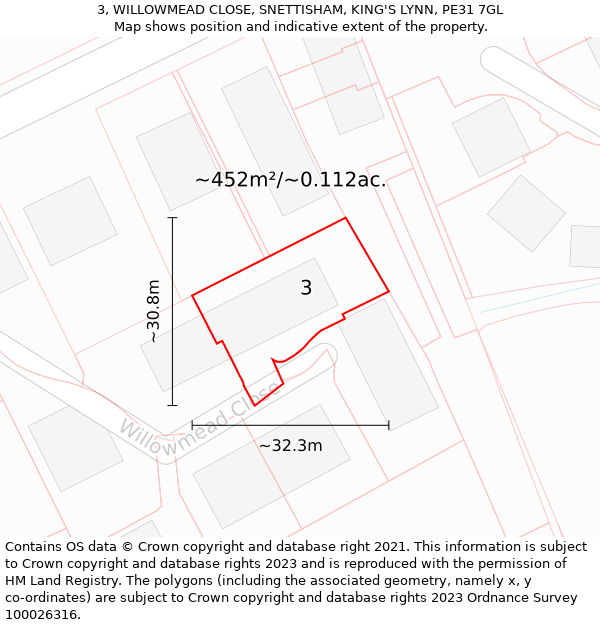 3, WILLOWMEAD CLOSE, SNETTISHAM, KING'S LYNN, PE31 7GL: Plot and title map