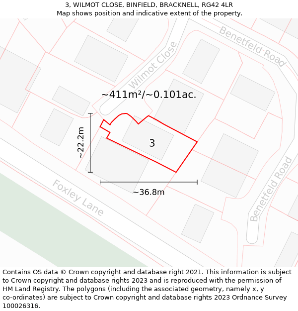 3, WILMOT CLOSE, BINFIELD, BRACKNELL, RG42 4LR: Plot and title map