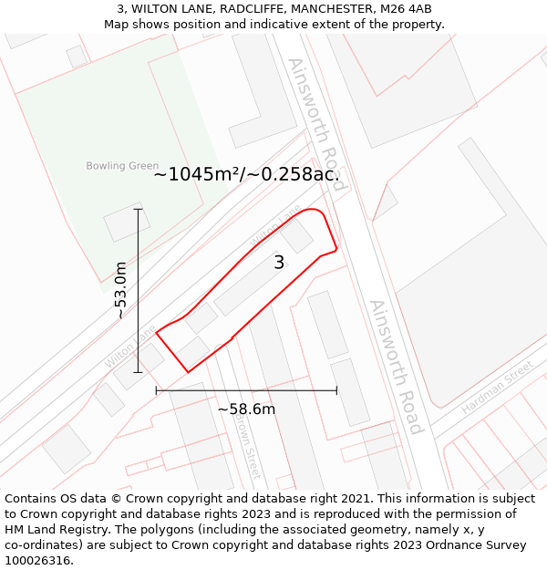 3, WILTON LANE, RADCLIFFE, MANCHESTER, M26 4AB: Plot and title map