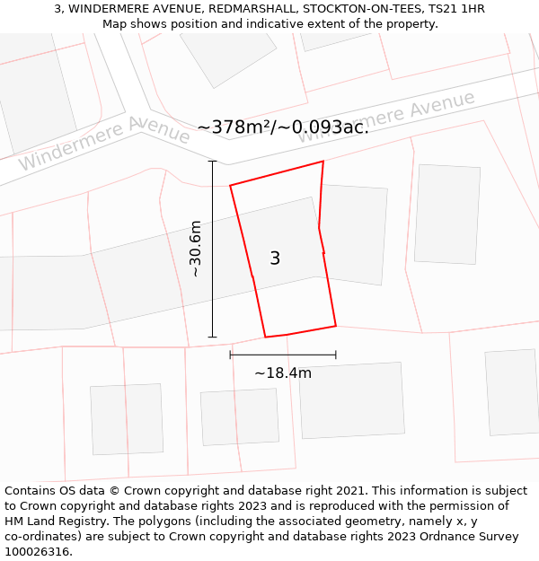 3, WINDERMERE AVENUE, REDMARSHALL, STOCKTON-ON-TEES, TS21 1HR: Plot and title map