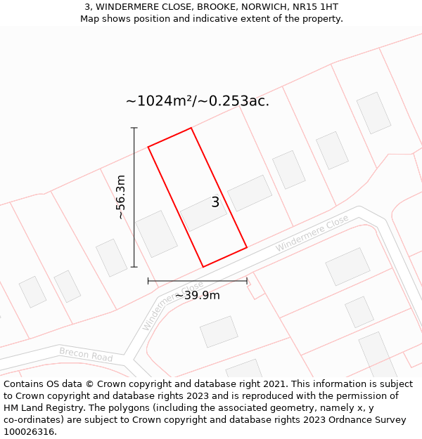 3, WINDERMERE CLOSE, BROOKE, NORWICH, NR15 1HT: Plot and title map