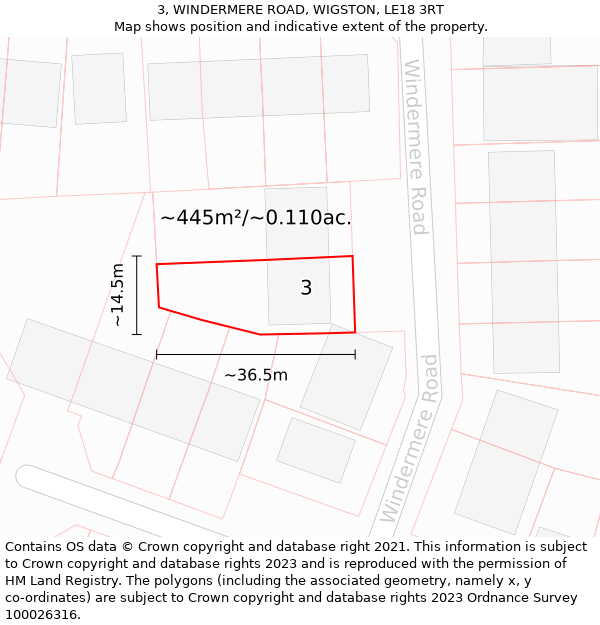 3, WINDERMERE ROAD, WIGSTON, LE18 3RT: Plot and title map