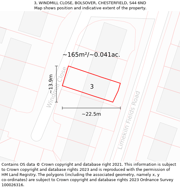 3, WINDMILL CLOSE, BOLSOVER, CHESTERFIELD, S44 6ND: Plot and title map