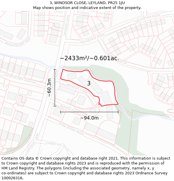 3, WINDSOR CLOSE, LEYLAND, PR25 1JU: Plot and title map