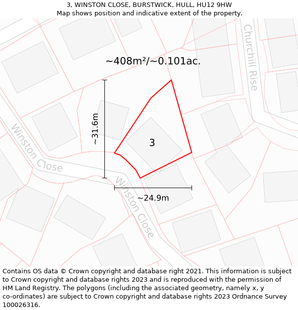 3, WINSTON CLOSE, BURSTWICK, HULL, HU12 9HW: Plot and title map