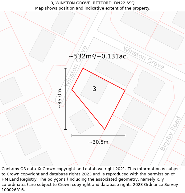 3, WINSTON GROVE, RETFORD, DN22 6SQ: Plot and title map