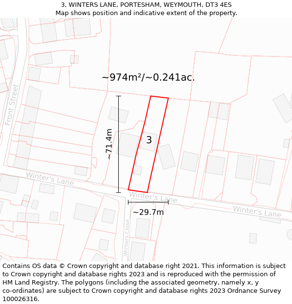 3, WINTERS LANE, PORTESHAM, WEYMOUTH, DT3 4ES: Plot and title map