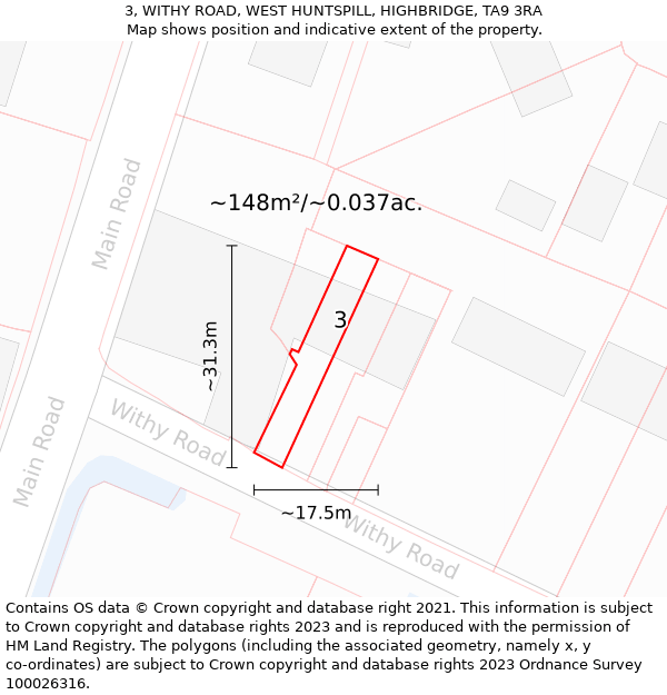 3, WITHY ROAD, WEST HUNTSPILL, HIGHBRIDGE, TA9 3RA: Plot and title map