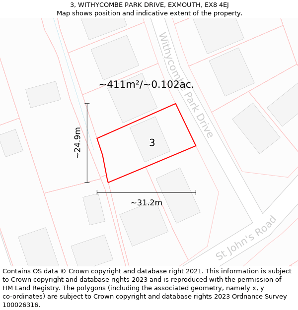 3, WITHYCOMBE PARK DRIVE, EXMOUTH, EX8 4EJ: Plot and title map