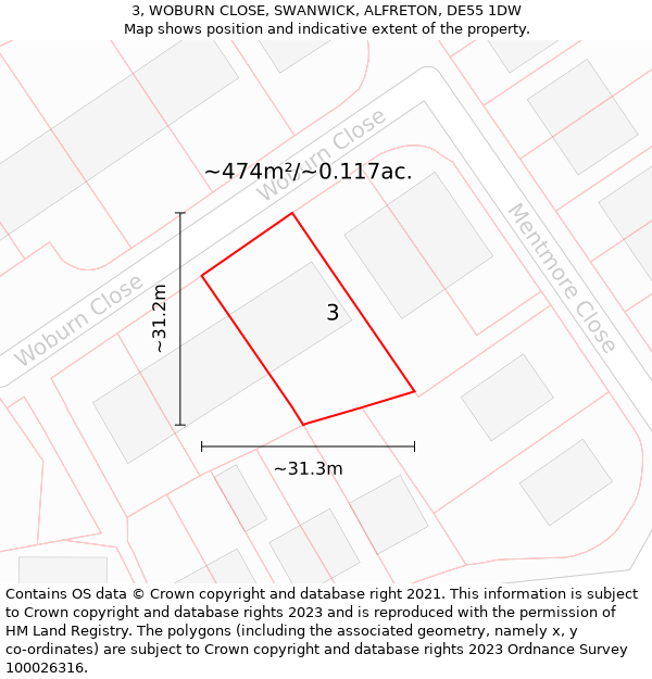 3, WOBURN CLOSE, SWANWICK, ALFRETON, DE55 1DW: Plot and title map