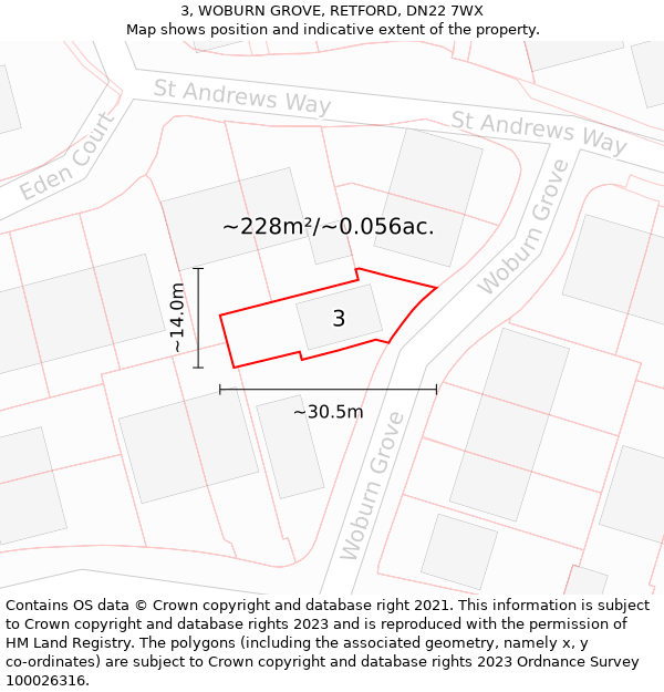 3, WOBURN GROVE, RETFORD, DN22 7WX: Plot and title map