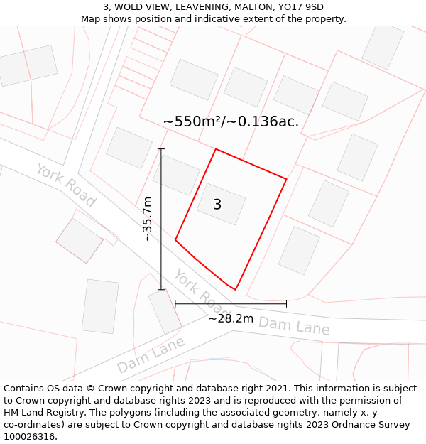 3, WOLD VIEW, LEAVENING, MALTON, YO17 9SD: Plot and title map