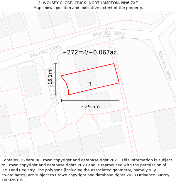 3, WOLSEY CLOSE, CRICK, NORTHAMPTON, NN6 7XE: Plot and title map