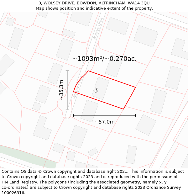 3, WOLSEY DRIVE, BOWDON, ALTRINCHAM, WA14 3QU: Plot and title map