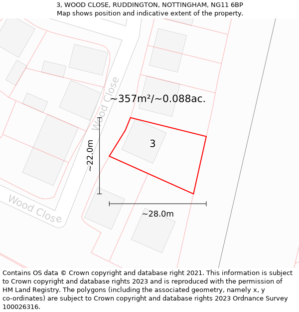 3, WOOD CLOSE, RUDDINGTON, NOTTINGHAM, NG11 6BP: Plot and title map