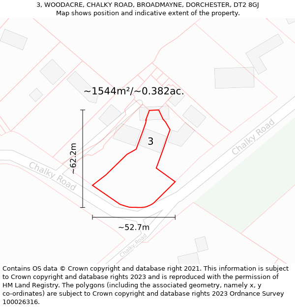 3, WOODACRE, CHALKY ROAD, BROADMAYNE, DORCHESTER, DT2 8GJ: Plot and title map