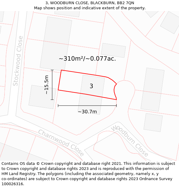 3, WOODBURN CLOSE, BLACKBURN, BB2 7QN: Plot and title map