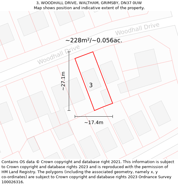 3, WOODHALL DRIVE, WALTHAM, GRIMSBY, DN37 0UW: Plot and title map