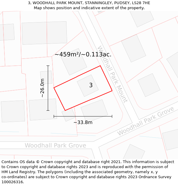 3, WOODHALL PARK MOUNT, STANNINGLEY, PUDSEY, LS28 7HE: Plot and title map