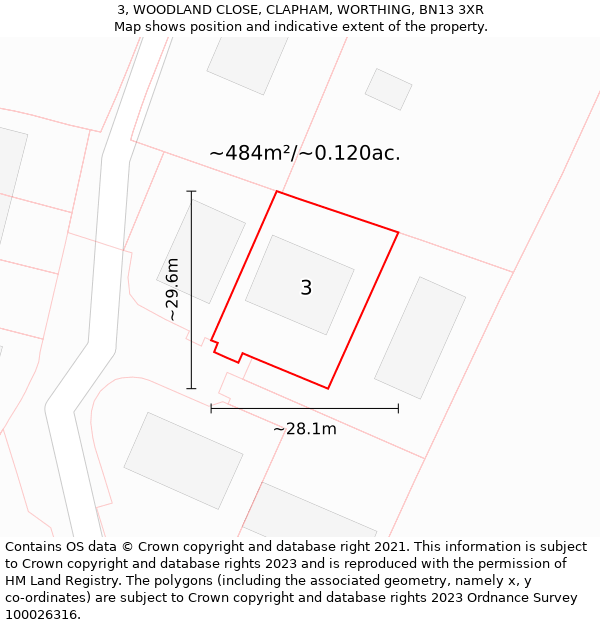 3, WOODLAND CLOSE, CLAPHAM, WORTHING, BN13 3XR: Plot and title map