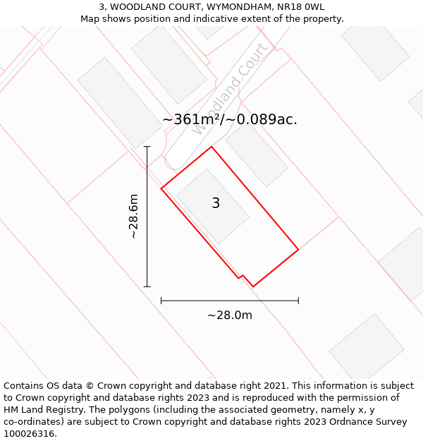 3, WOODLAND COURT, WYMONDHAM, NR18 0WL: Plot and title map